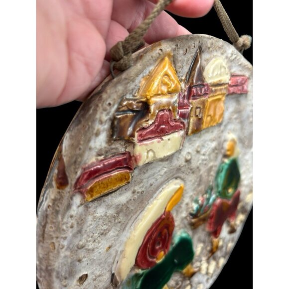 Old City Pottery Studio Glazed 7.75 Round Wall Art Signed Hanger Folk Art Israel - Picture 10 of 10